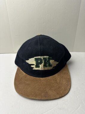 Vtg PK embroidered navy cap with tan suede brim and leather strap